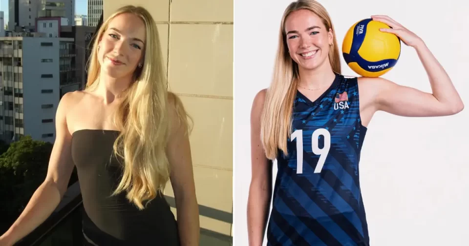 Jogadora de vôlei dos EUA em traje social e com uniforme da seleção.