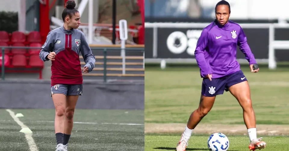 Uma jogadora do São Paulo e outra do Corinthians durante treino.