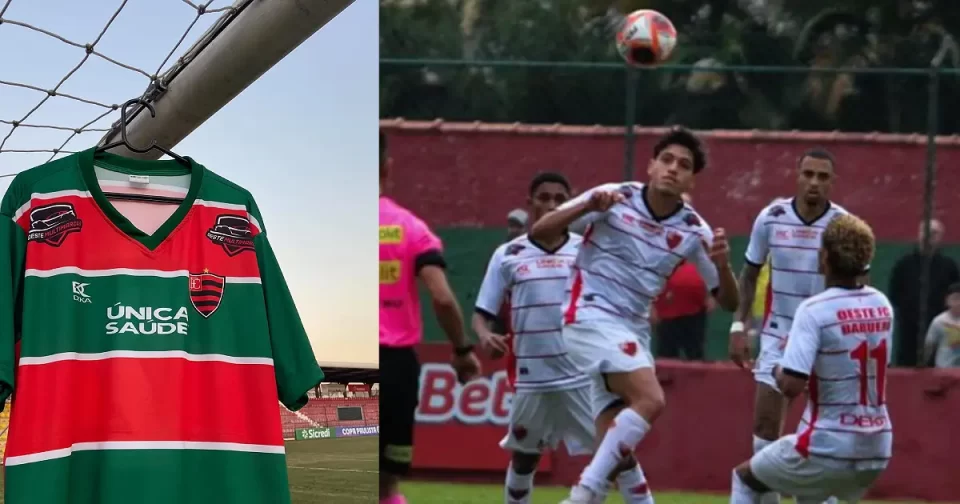 Uniforme 3 do Oeste Barueri pendurado no travessão, contrasta com o nº 2 usado na última rodada da Copa Paulista.