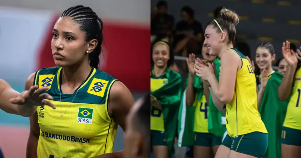 Duas jogadoras da seleção brasileira que antecipa classificação às oitavas de final do Mundial de Vôlei Sub 19 na Sérvia.
